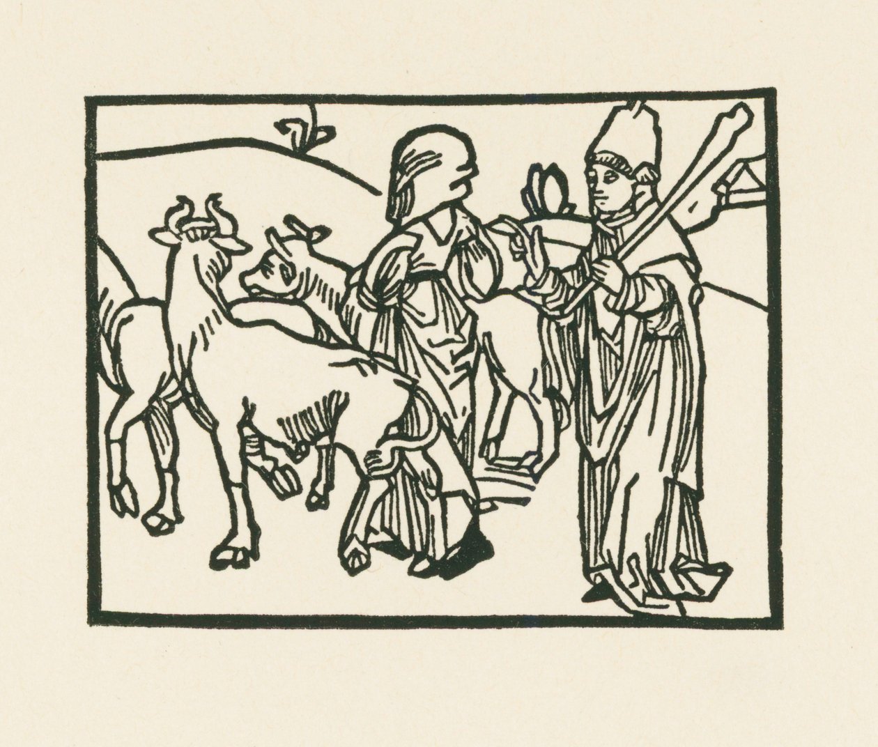 De priester in zijn gewaad drijft vee uit en voor hem gaat de dienstmaagd, c.1489-90 (houtsnede) door Albrecht Dürer or Duerer