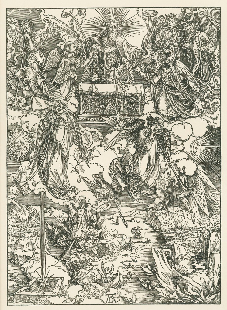 De zeven bazuinen worden aan de engelen gegeven. De Openbaring van Johannes, ca. 1496-97 (houtsnede) door Albrecht Dürer or Duerer
