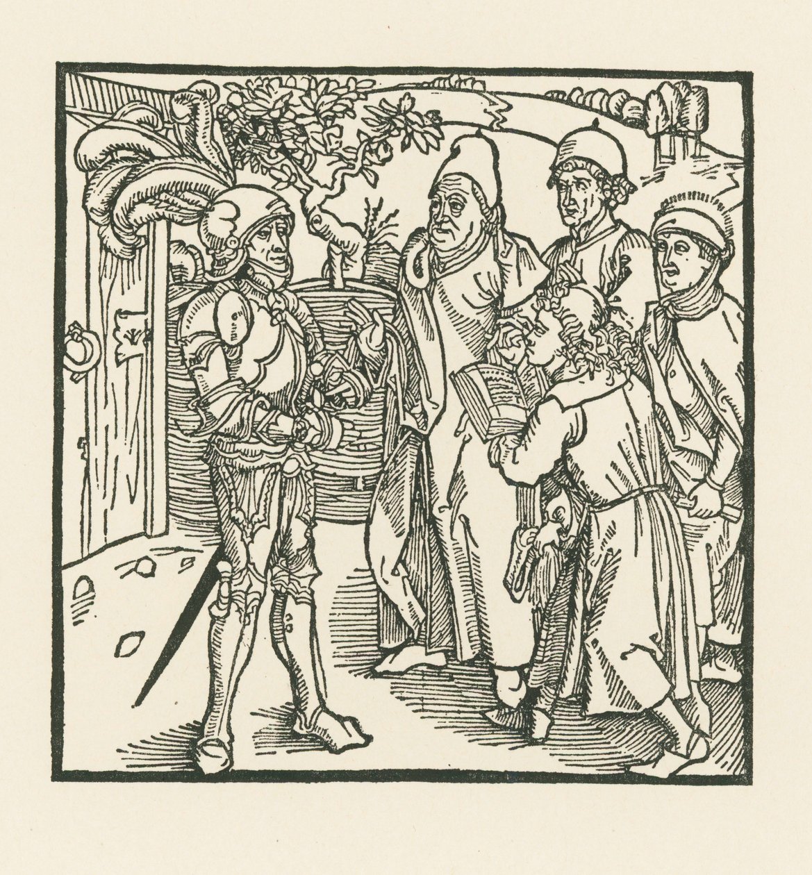 De ridder geeft twee schriftgeleerden en twee priesters de opdracht om dit boek samen te stellen door Albrecht Dürer or Duerer