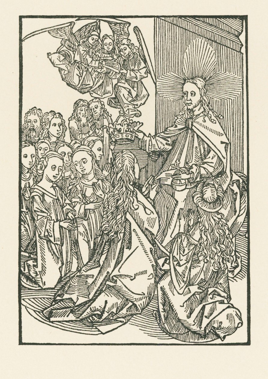 De beloning van de uitverkorenen, voorgesteld door de kroning van Maria omringd door de heiligen door Albrecht Dürer or Duerer