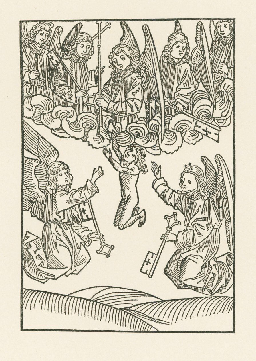 De zeven engelen met een kruis en de zes sleutels, waarmee ze de Hemel openden voor de zes werken van Barmhartigheid, ontvangen een ziel in de Hemel door Albrecht Dürer or Duerer