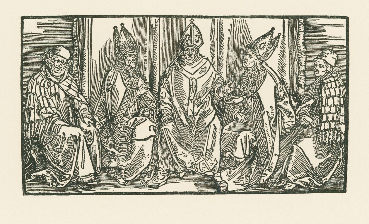 Drie bisschoppen en twee monniken door Albrecht Dürer or Duerer