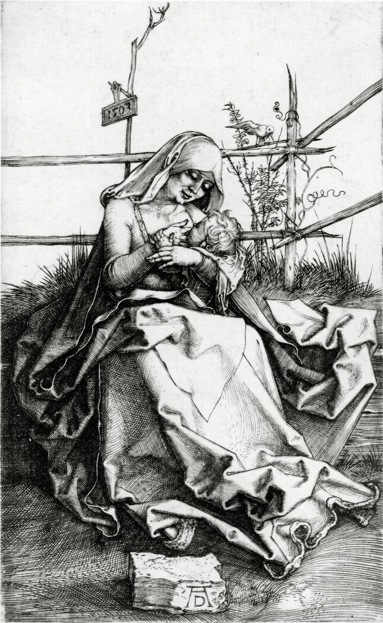 Maagd en kind zittend op een grasbank door Albrecht Dürer