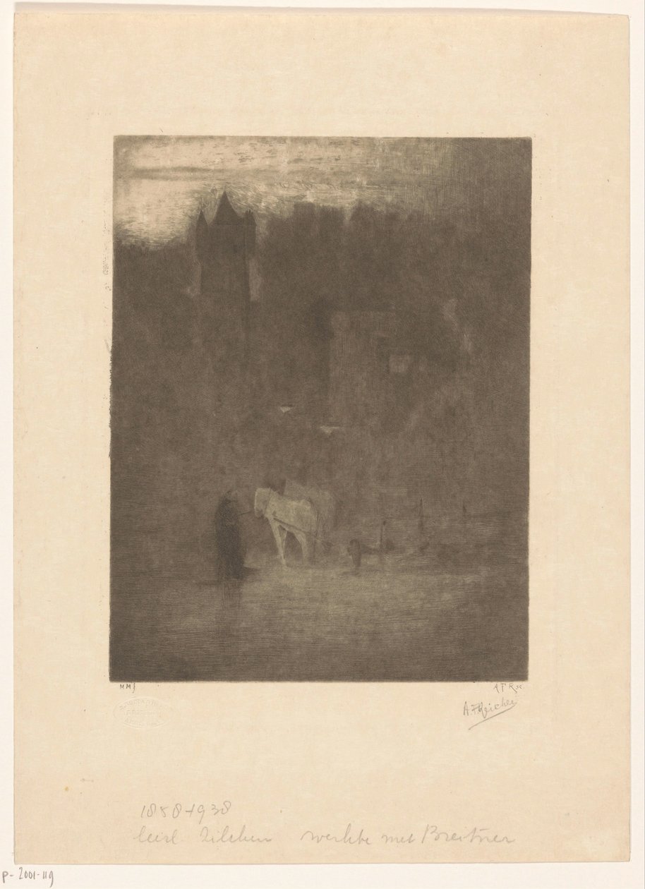 Figuur en twee paarden bij een kasteel in de mist door Albrecht Felix Reicher (signed by artist)
