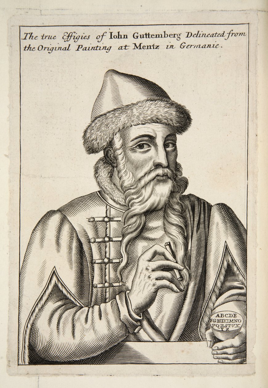 John Guttemberg, uit Mechanick Exercises: or The Doctrine of Handy-Works applied to the Art of Printing, uitgegeven 1683 door Albrecht after Mentz