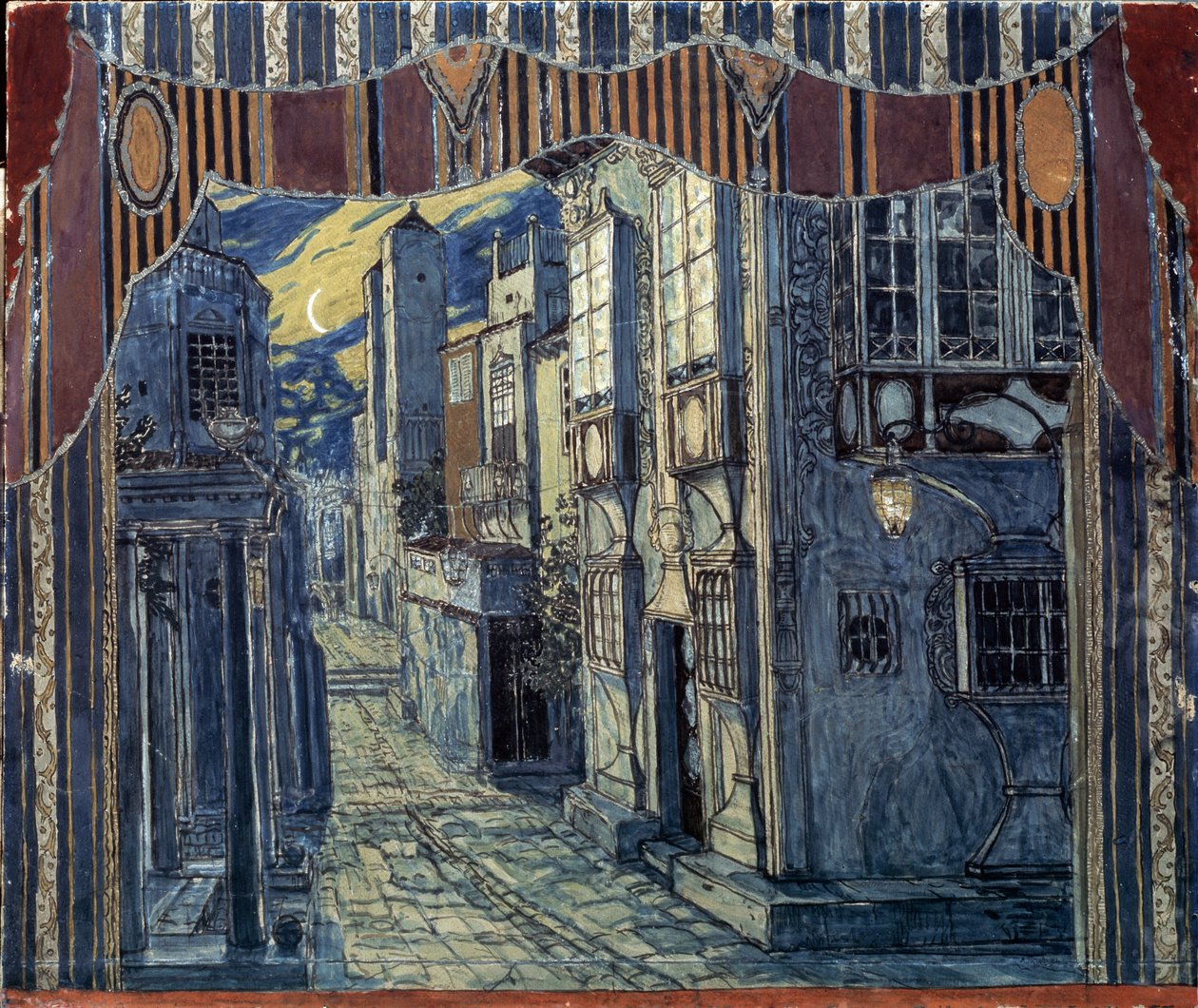 Decorontwerp voor De Barbier van Sevilla, door Gioachino Rossini, 1924 door Aleksandr Jakovlevic Golovin