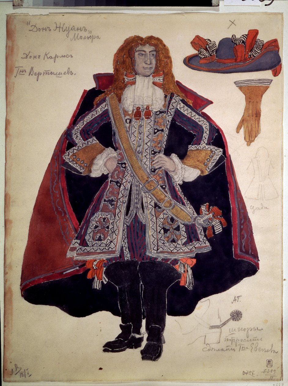 Kostuumontwerp voor het stuk Dom Juan van Molière door Aleksandr Jakovlevic Golovin