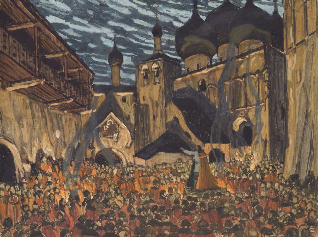 Toneelontwerp voor de opera De dienstmaagd van Pskov door N. Rimsky-Korsakov door Aleksandr Jakovlevic Golovin