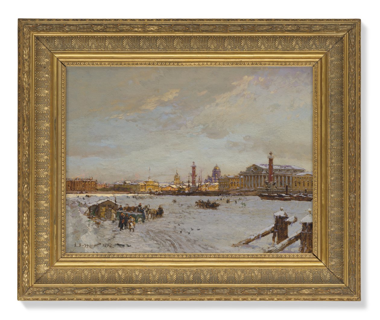 Uitzicht over de bevroren Neva, de Rostral kolommen, de Sint-Isaacskathedraal en de Admiraliteit, Sint-Petersburg door Aleksandr Karlovich Beggrov