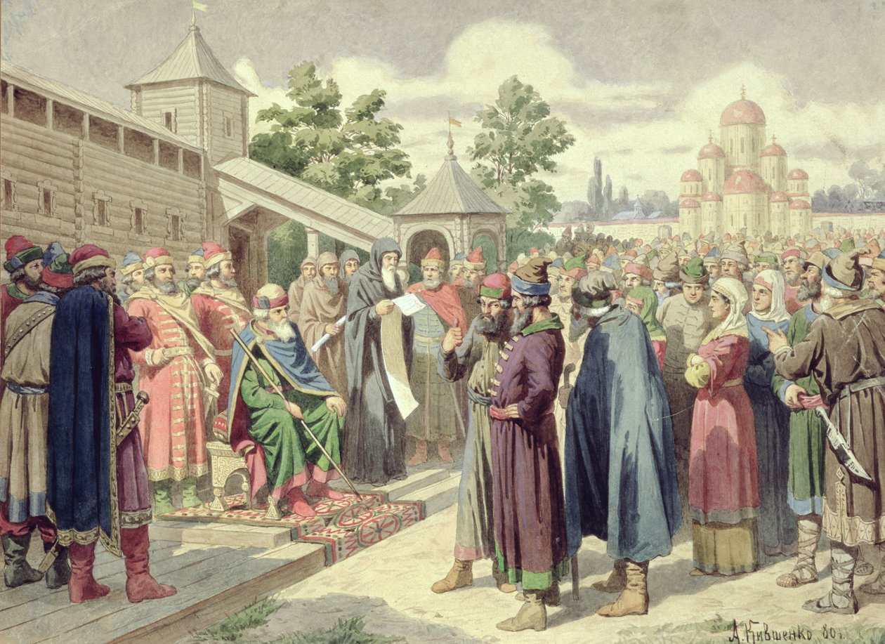 Lezing van de code in aanwezigheid van Groothertog Jaroslav van Novgorod, 1880 door Aleksei Danilovich Kivshenko
