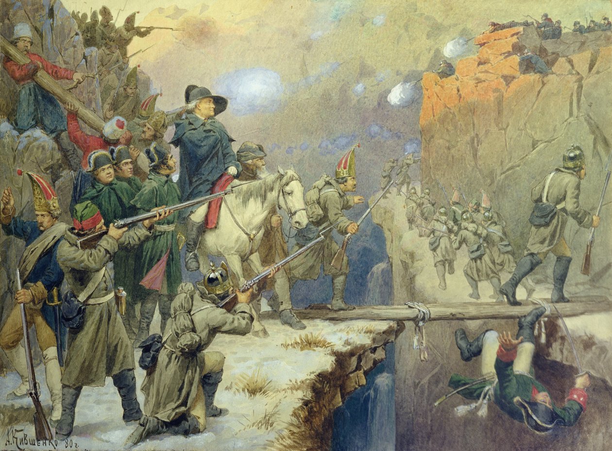 Suvorov steekt de Duivelsbrug over in 1799, 1880 door Aleksei Danilovich Kivshenko
