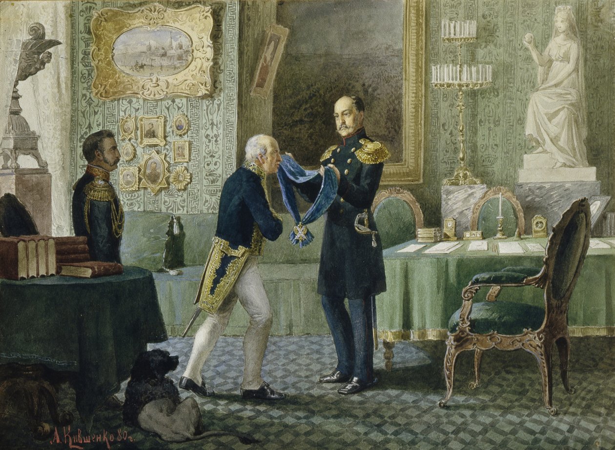 Keizer Nicolaas I kent het blauwe lint van de Orde van St. Andreas toe aan graaf Michail Speranski, 1880 door Aleksei Danilovich Kivshenko