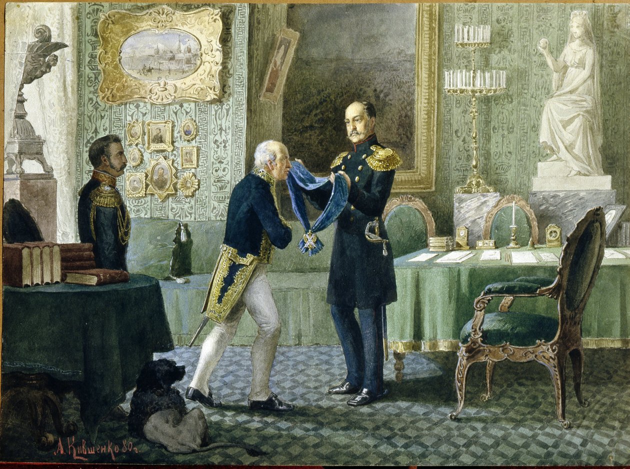 Keizer Nicolaas I van Rusland (1796-1855) overhandigt het blauwe lint van de Orde van Sint-Andreas aan graaf Mikhail Speranski (1772-1839) door Aleksei Danilovich Kivshenko