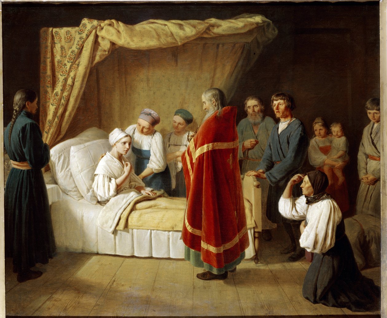 De eucharistie aan de stervende. Een priester van de orthodoxe kerk bezoekt een zieke vrouw om haar het sacrament te geven, omringd door haar familieleden. Schilderij van Alexei Gavrilovich Venetsianov door Aleksei Gavrilovich Venetsianov