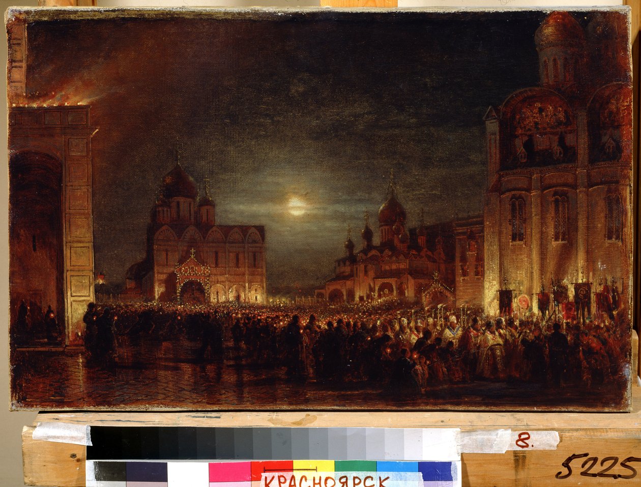Paasmatines. Verzameling van gelovigen bij dageraad, met brandende kaarsen, rond priesters en bisschoppen, om het liturgische feest te vieren op een plein omringd door kerken door Aleksei Petrovich Bogolyubov