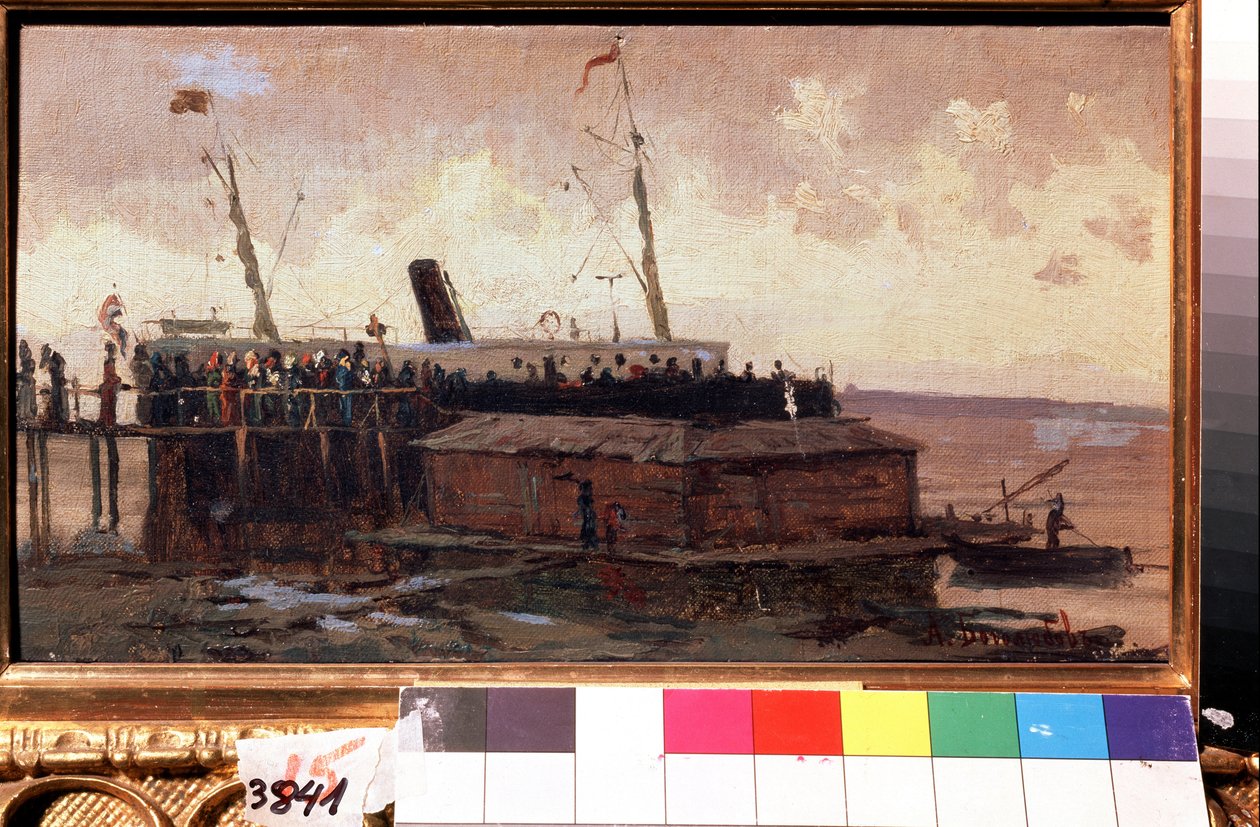 Zicht op een stoomschip aan de kade in een haven door Aleksei Petrovich Bogolyubov