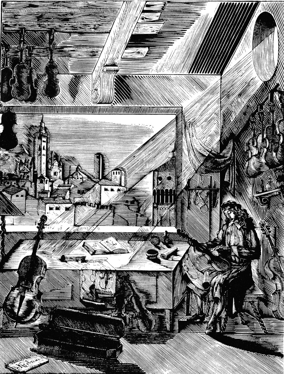 Italiaanse muziekinstrumentenmaker Antonio Stradivari in zijn werkplaats, 1926 door Aleksey Kravchenko