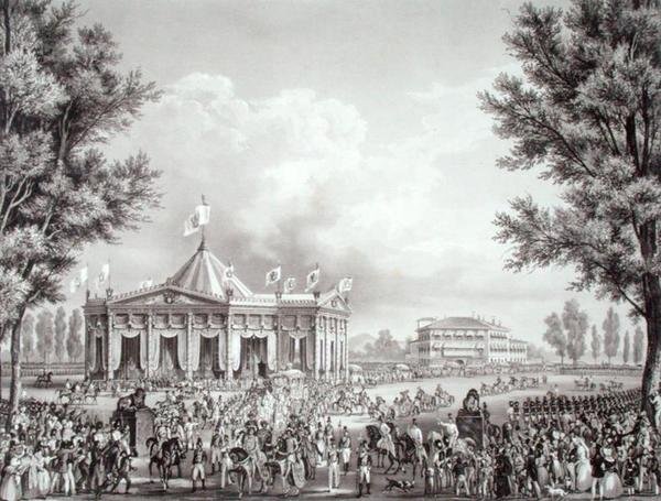 Processie langs het paviljoen opgericht voor de kroning van Ferdinand I (1793-1875) door Alessandro (after) Sanquirico