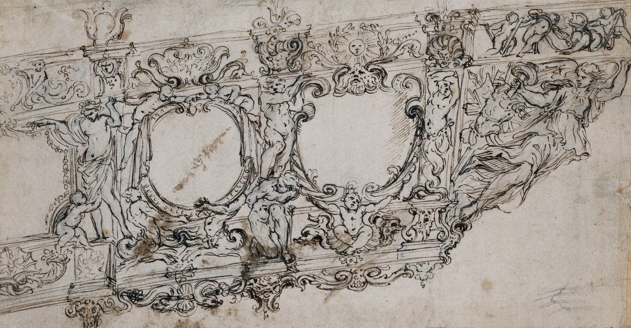 Ontwerp voor de Boeg van de Galerij van Paus Urbanus VIII met de Barberini Wapens van Bijen en Zon, Ignudi, Tritons, Hippocamps, Putti en een Allegorie van Overwinning als Boegbeeld Onder de Letters VRBA In door Alessandro Algardi