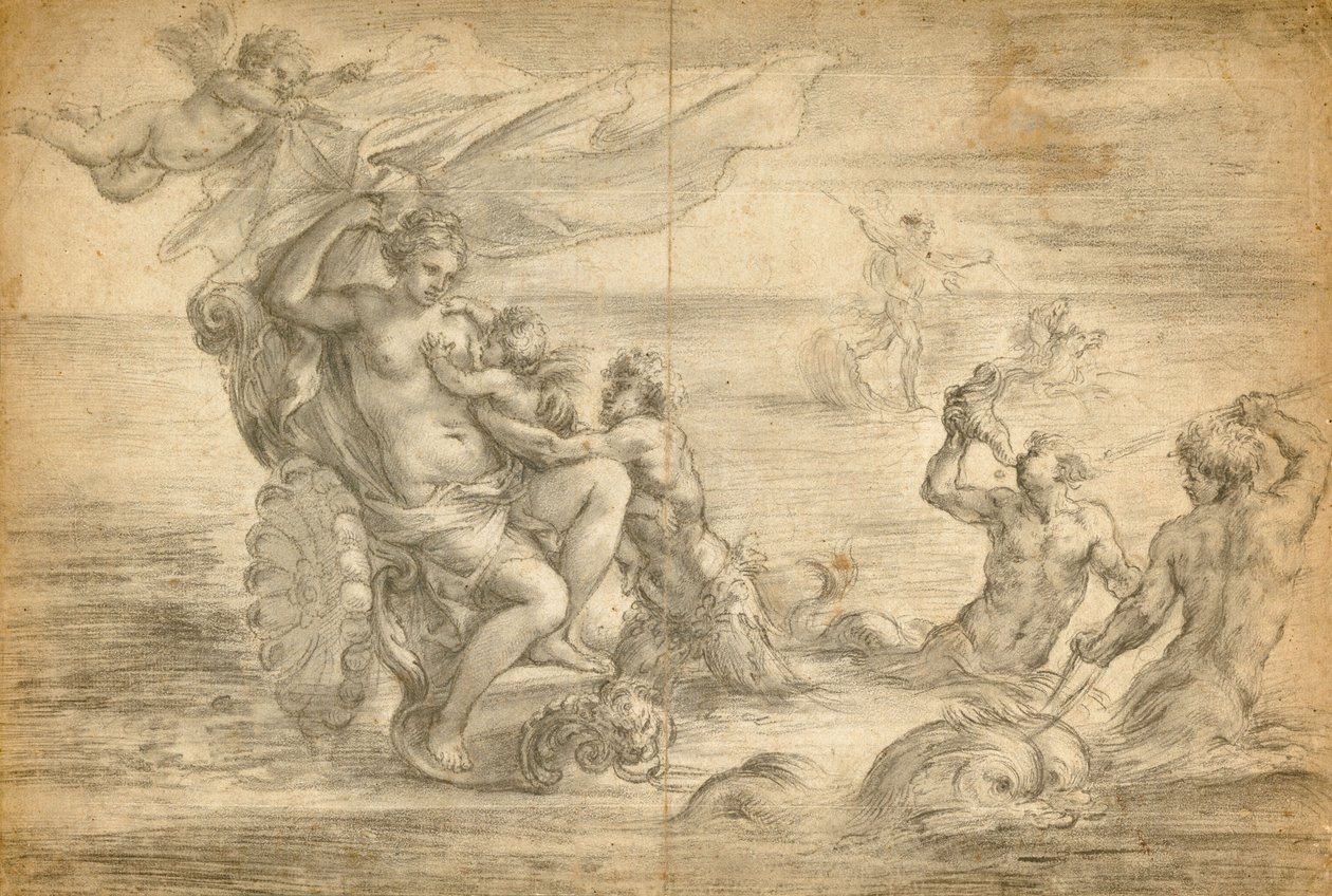 Venus Zittend in haar Zeewagen Zoogt Cupido door Alessandro Algardi