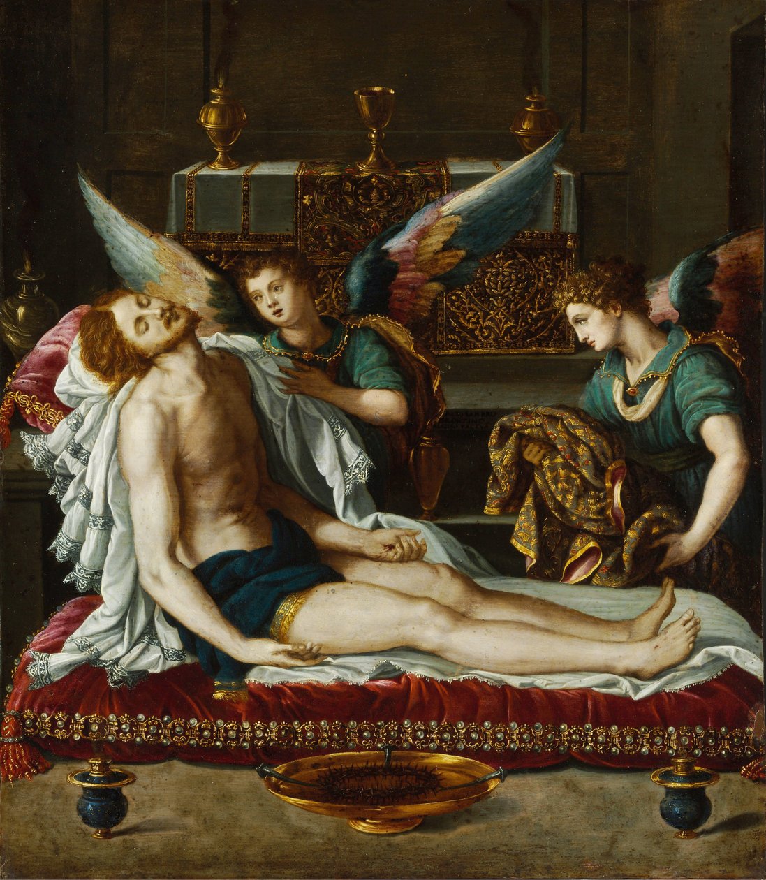 Het lichaam van Christus gezalfd door twee engelen door Alessandro Allori