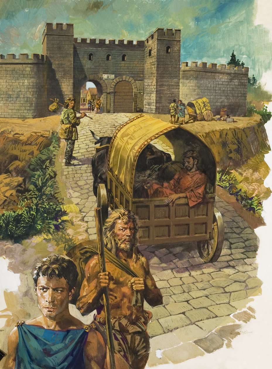 Kar die een ommuurde stad in Romeins Brittannië binnenrijdt (gouache op papier) door Alessandro Biffignandi