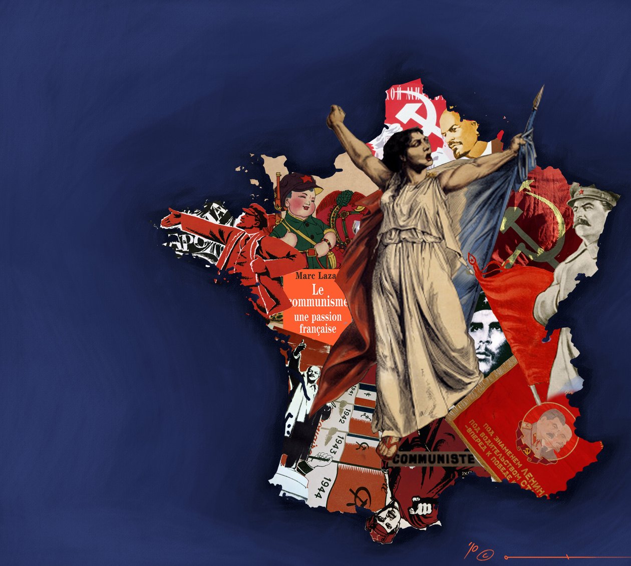 Een mariana tegen een achtergrond van communistisch collage. Allegorie van het communisme in Frankrijk. 2010 Kleuren tekening door Alessandro Lonati. door Alessandro Lonati