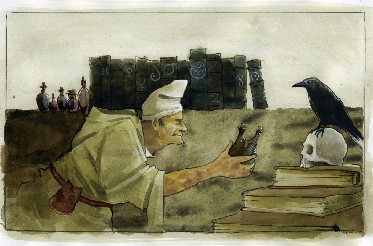 Alchemist in zijn laboratorium met een raaf, een schedel door Alessandro Lonati