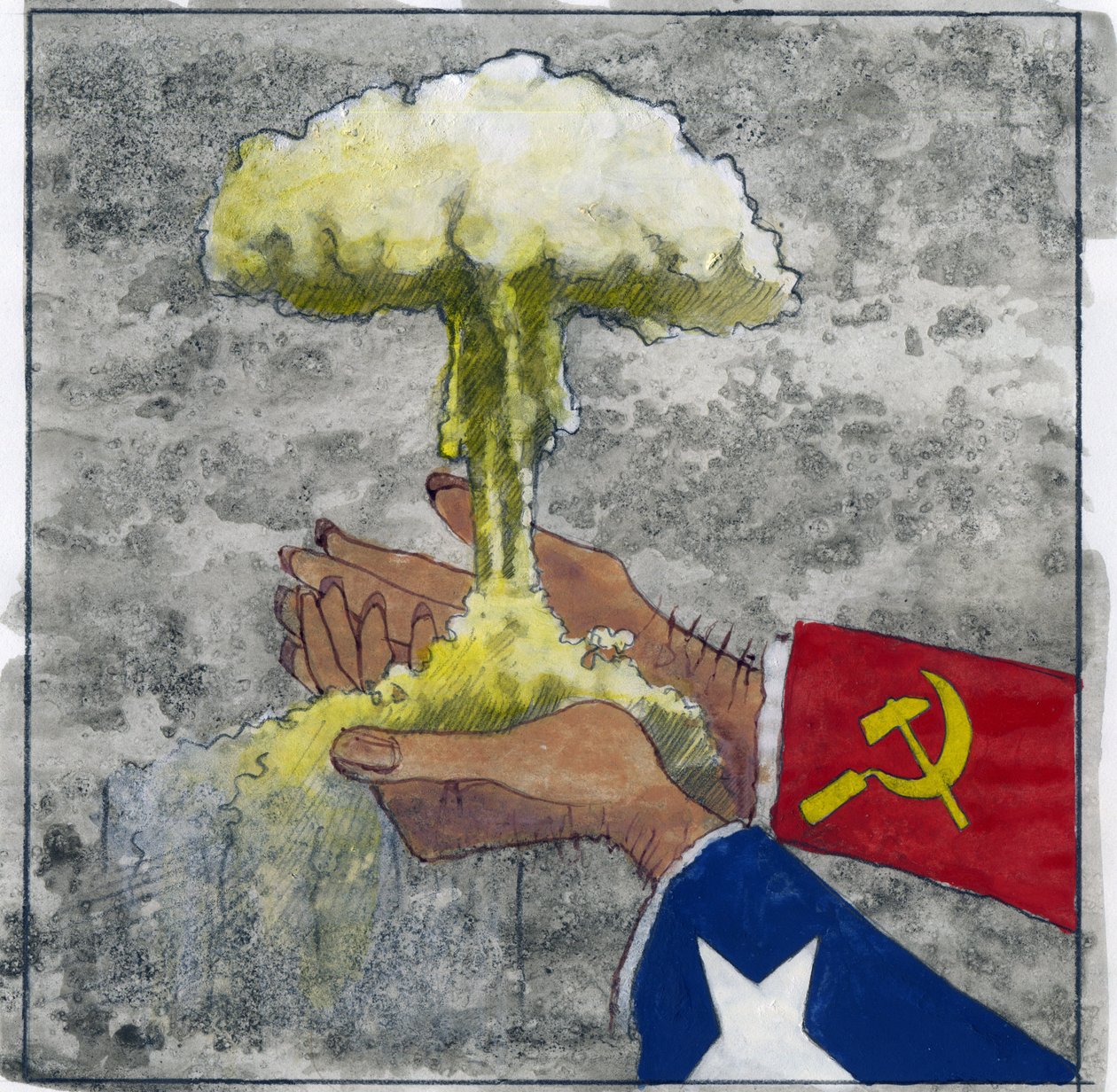 Allegorische voorstelling van de Koude Oorlog als Amerikaanse en Sovjet-handen die de atoomwolk vasthouden (Illustratie door Alessandro Lonati) door Alessandro Lonati
