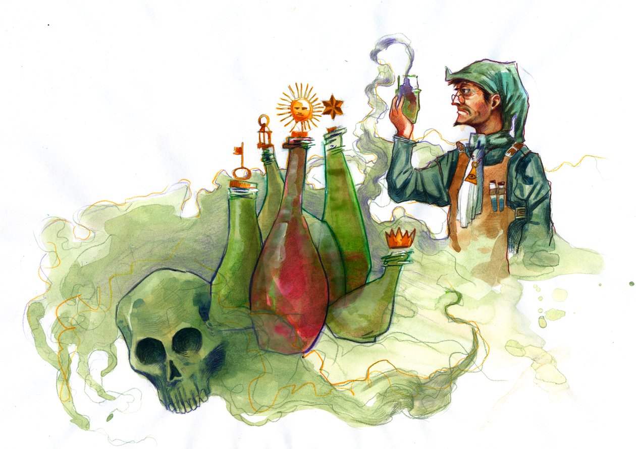 Een alchemist in zijn laboratorium omringd door flessen en destilleerapparaten die de inhoud van een fles onderzoekt door Alessandro Lonati