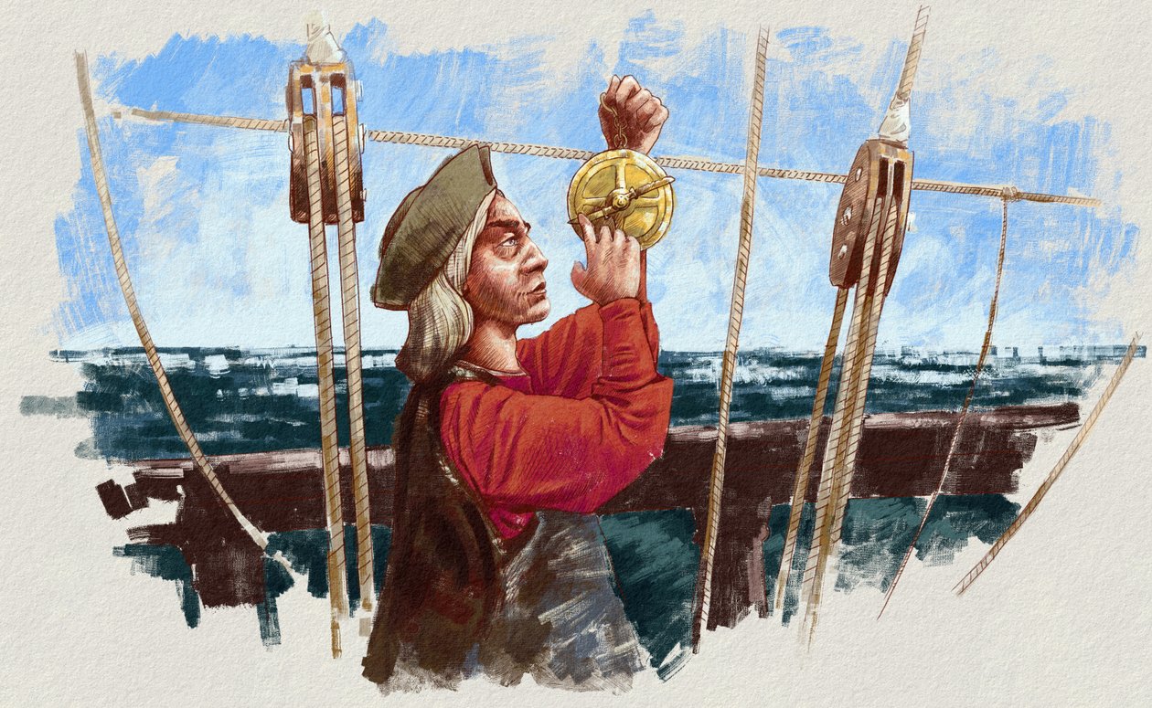 Christopher Columbus berekent de route met een astrolabium door Alessandro Lonati