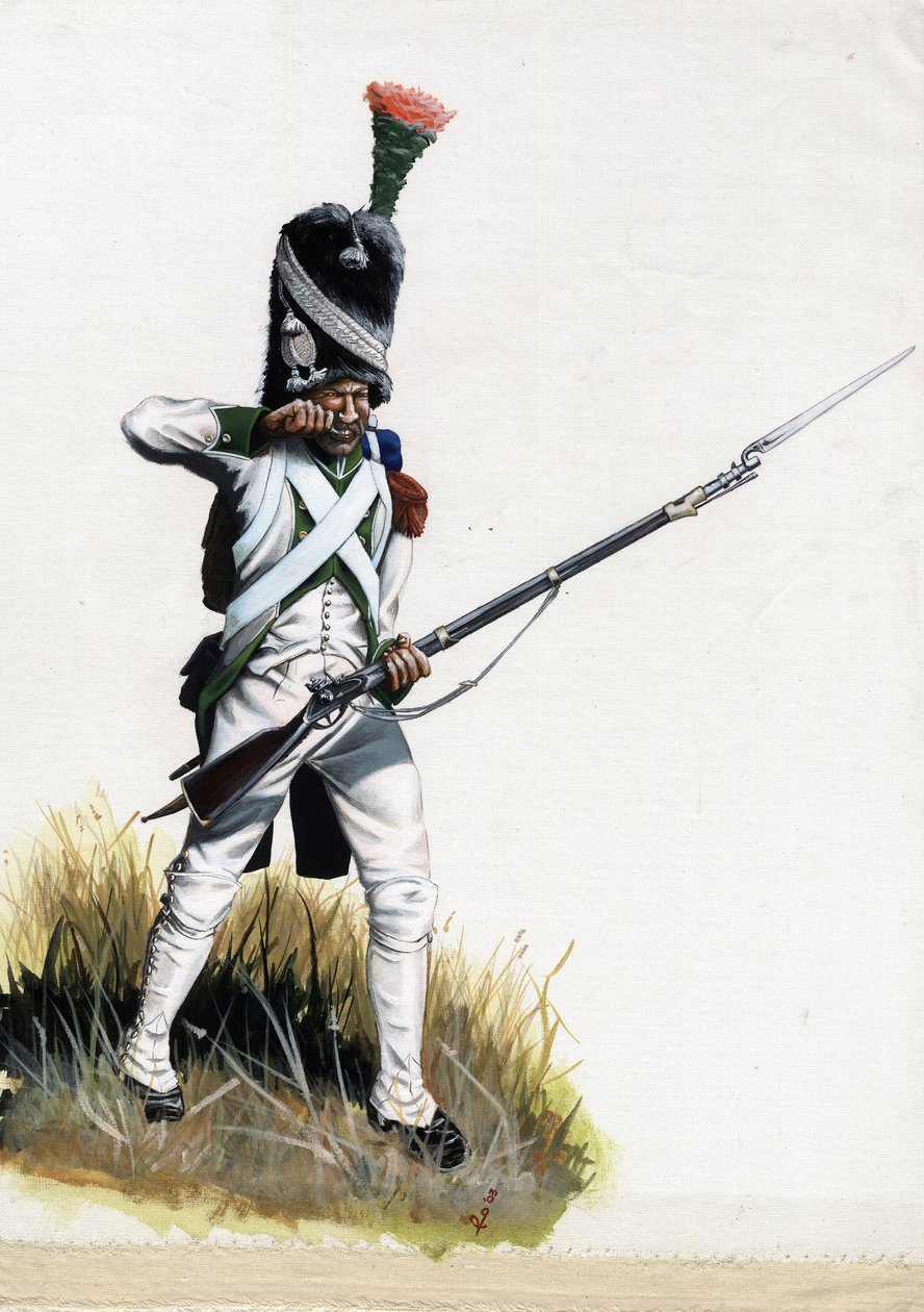 Eerste Keizerrijk: Velite soldaat van het grote Napoleontische leger in Italië die een patroon opent door Alessandro Lonati