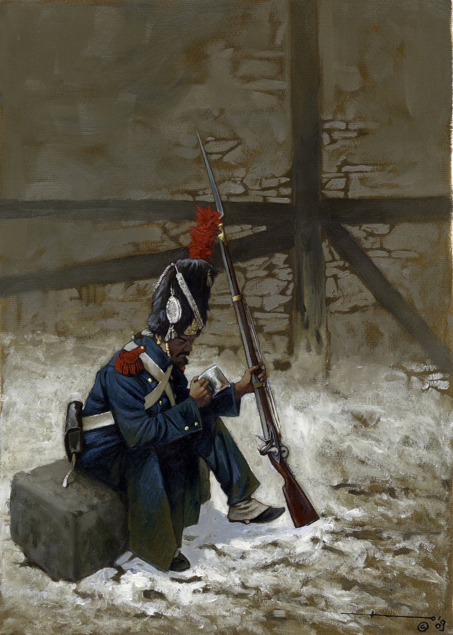 Eerste Keizerrijk: Garde grenadier in een jas zittend in de sneeuw door Alessandro Lonati