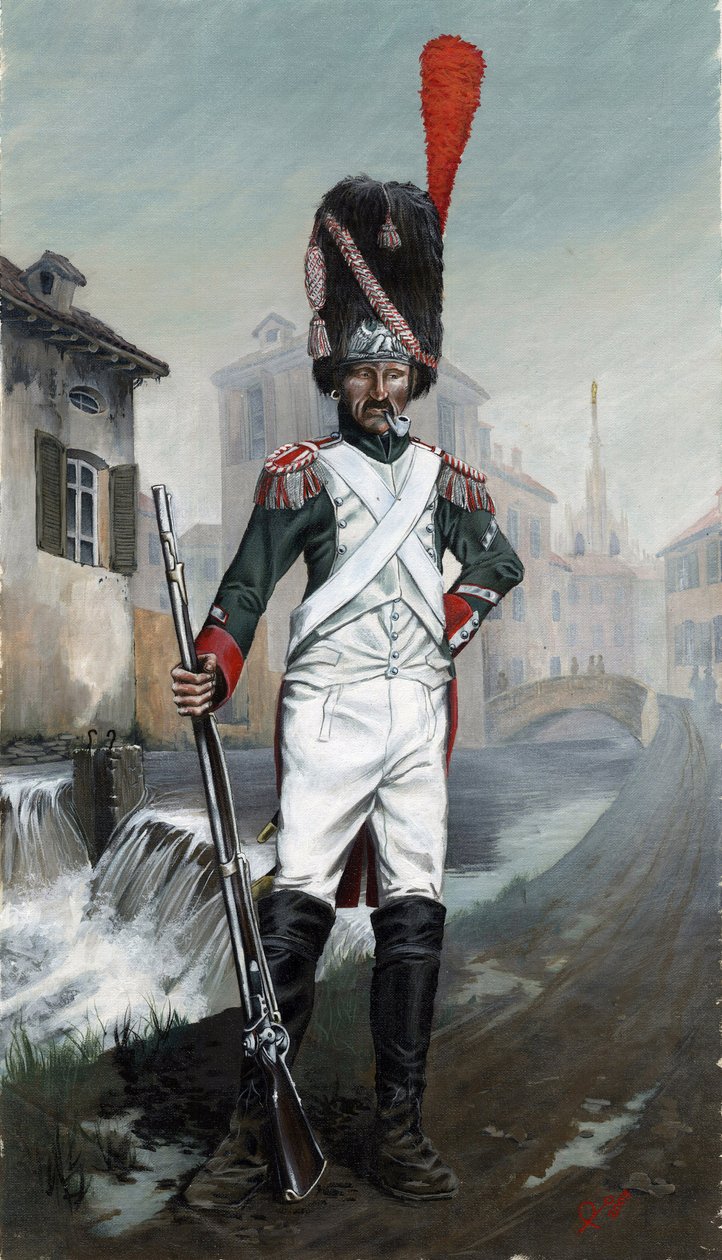 Eerste Keizerrijk (1804-1814 en 1815): Italiaanse grenadiersoldaten bij het kanaal van Milaan met de kathedraal op de achtergrond door Alessandro Lonati