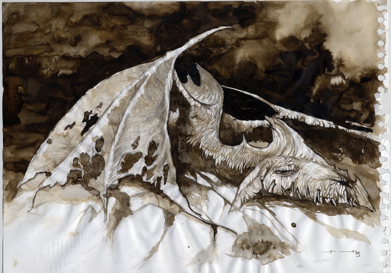 Illustratie van een fantastisch en legendarisch dier: dode drakenkarkas. door Alessandro Lonati