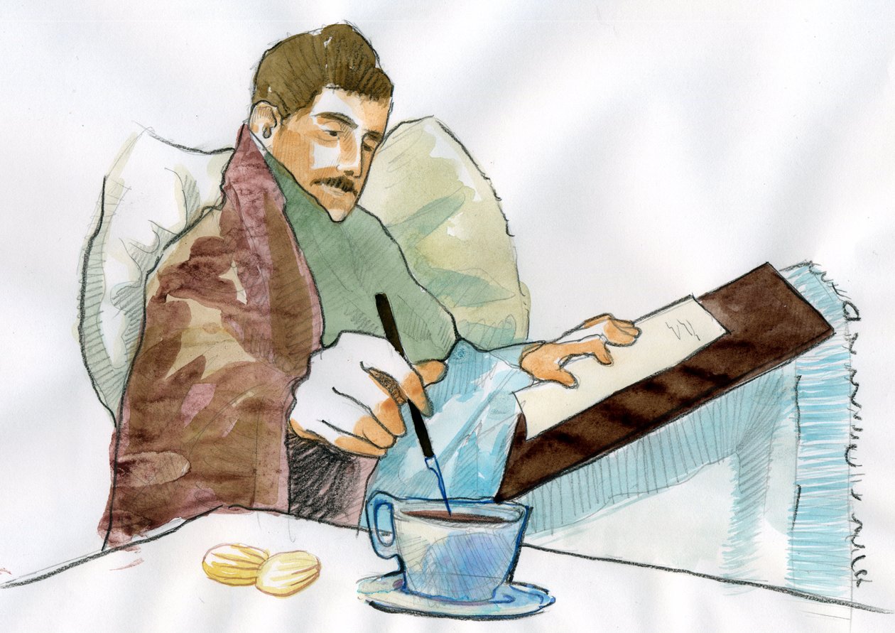Marcel Proust als zieke man die schrijft met de thee van zijn tante Elisabeth door Alessandro Lonati