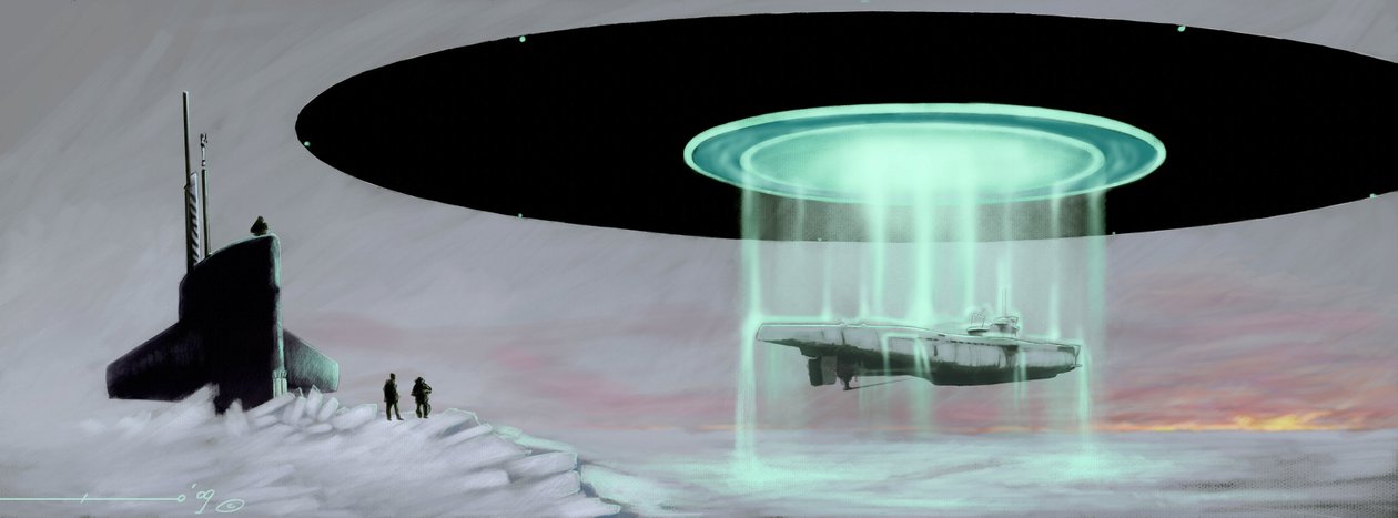 Ontmoeting op de Noordpool tussen een U-boot onderzeeër en een vliegende schotel (UFO, UFO of buitenaards wezen) voor de teruggave van een onderzeeër die tijdens de oorlog door buitenaardse wezens werd meegenomen. door Alessandro Lonati