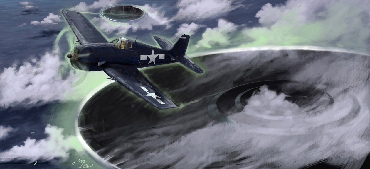 Mysterieuze fenomenen: voorstelling van de verdwijning van een Amerikaans marinevliegtuig in de Bermuda-driehoek in de jaren 1940. Een legende suggereert dat het het werk van UFO