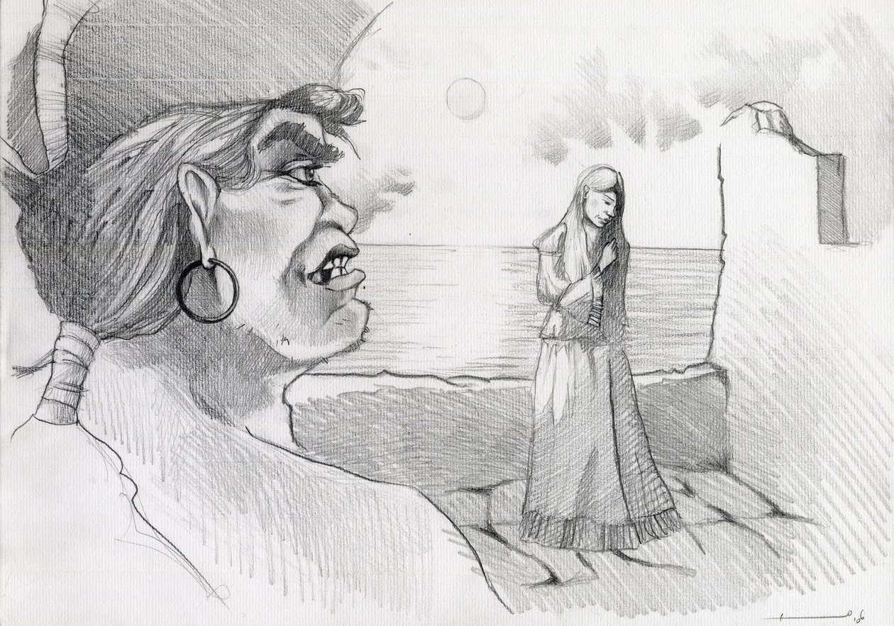 Piraat (kaper) van de Caraïben bedreigt een dame in een fort (Illustratie) door Alessandro Lonati