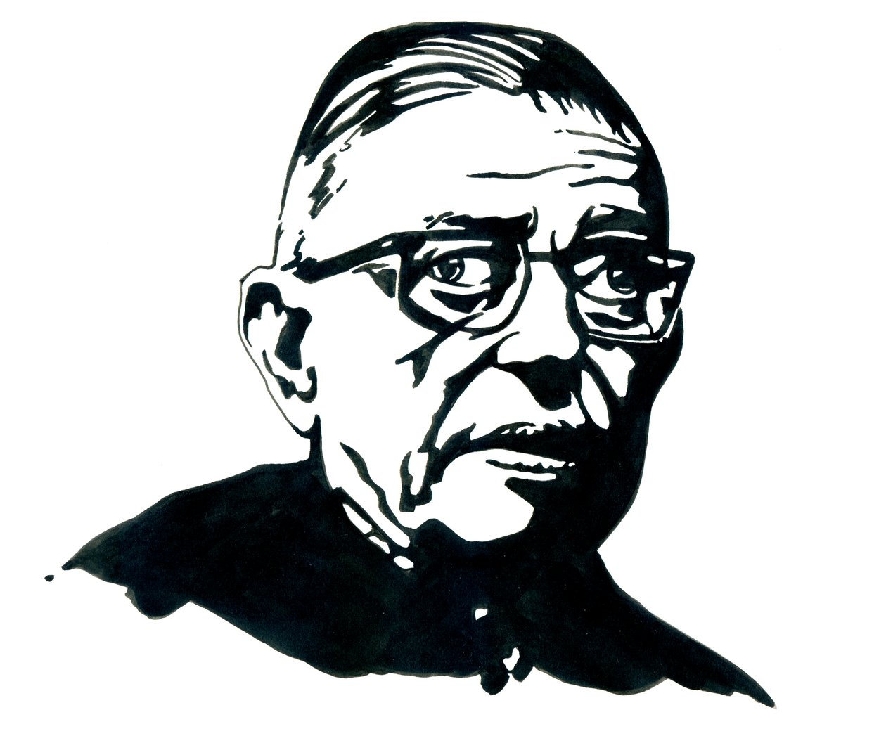 Portret van de Franse schrijver, filosoof en toneelschrijver Jean-Paul Sartre Tekening door Alessandro Lonati