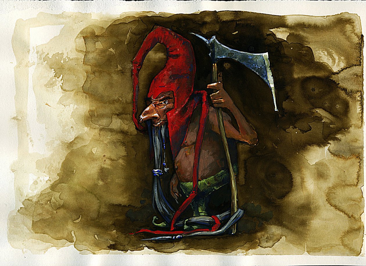 Representatie van een Rode Muts (Red cap, powrie of dunter, Red-Bonnet) legendarisch kwaadaardig wezen van de Goblin familie uit de Britse folklore Illustratie door Alessandro Lonati door Alessandro Lonati