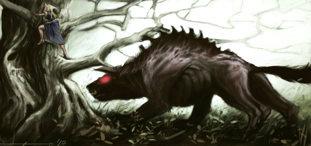 Representatie van het legendarische beest van Gévaudan dat een klein meisje aanvalt dat op een boom zit - Illustratie door Alessandro Lonati, 2010 door Alessandro Lonati