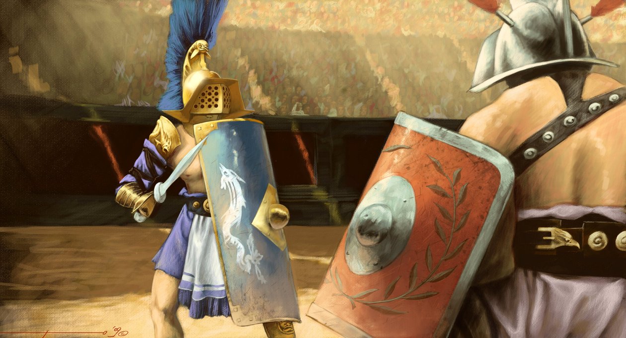Romeinse kunst: duel van gladiatoren tussen een mirmillo gladiator (links) en een thraciër in een amfitheater door Alessandro Lonati
