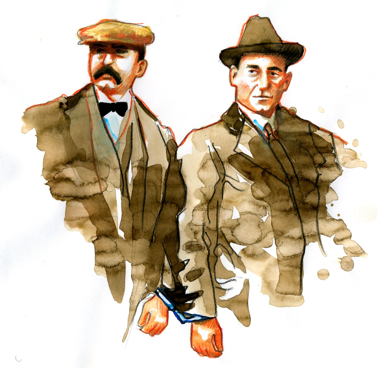 Sacco en Vanzetti zaak: portret van de Italiaanse anarchisten Bartolomeo Vanzetti (links) en Nicola Sacco door Alessandro Lonati