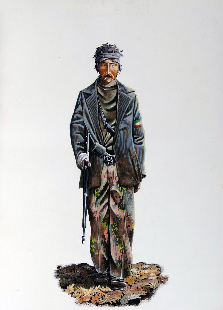 Tweede Wereldoorlog: een lid van het Italiaanse verzet in camouflagepak met machinegeweer. 1943-1945 door Alessandro Lonati