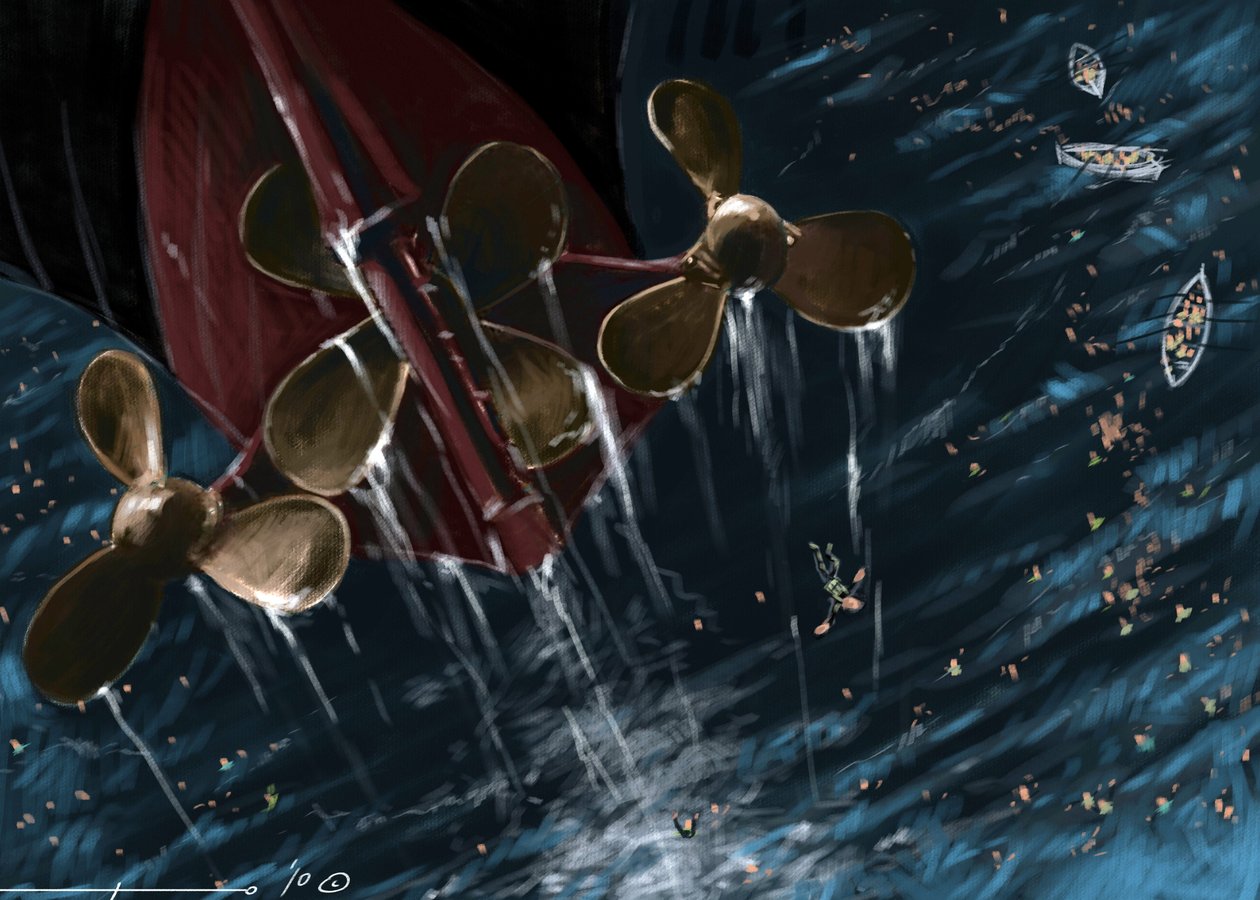 Zicht op de schroeven van de Titanic tijdens het zinken op 14 en 15 april 1912 door Alessandro Lonati
