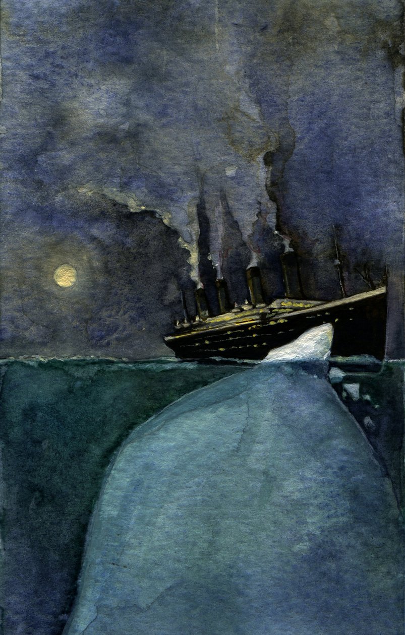 Zicht op de trans-Atlantische lijnboot Titanic ten tijde van het zinken op 14 en 15 april 1912, veroorzaakt door de botsing met een ijsberg (Illustratie door Alessandro Lonati) door Alessandro Lonati