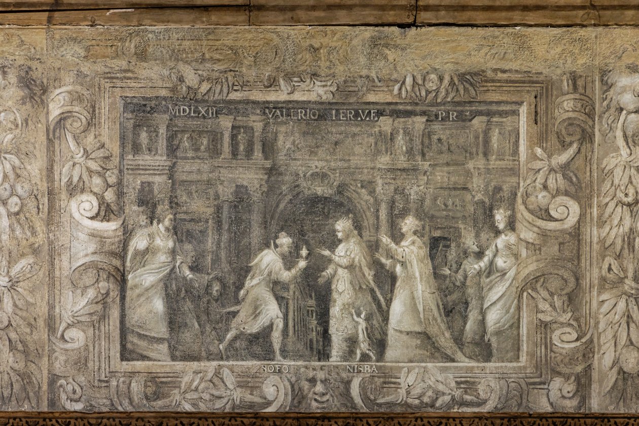 Monochrome fresco die theatrale producties reproduceert door Alessandro Maganza