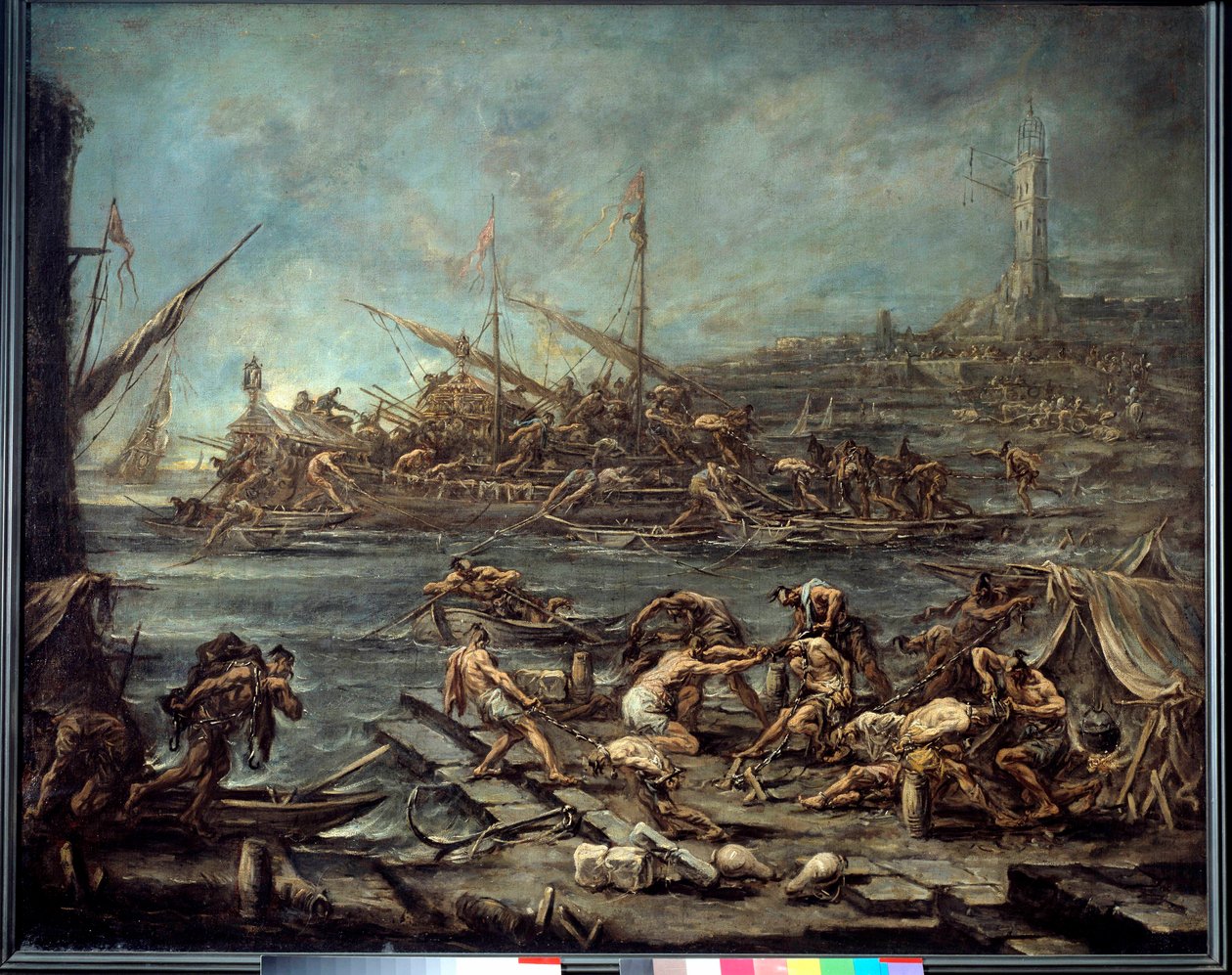 Het inschepen van de galeislaven in de haven van Genua Schilderij door Alessandro Magnasco door Alessandro Magnasco