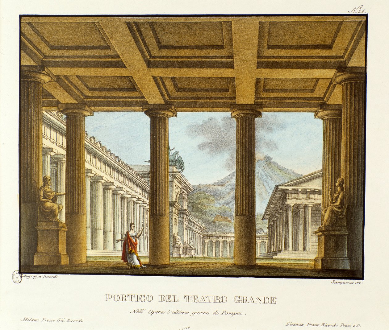 Portiek van het Grand Theatre in Pompeii, op de achtergrond de Vesuvius Scenografie voor de opera L